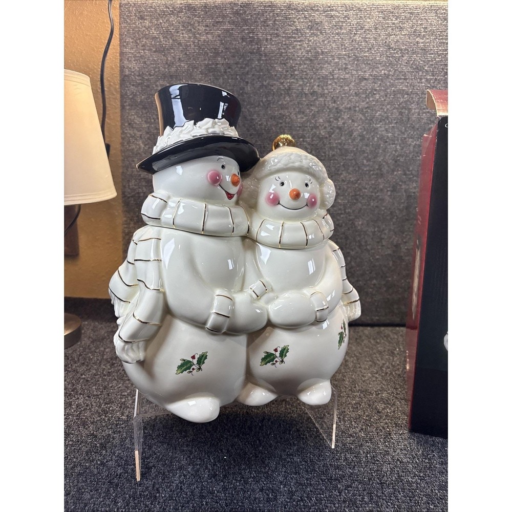 Vintage~Home For The Holidays~Snowman Couple Cookie Jar & Lid~IOB